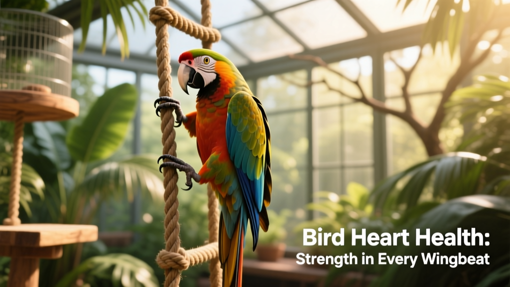 Healthy, active parrot climbing a rope ladder in a sunlit indoor aviary setting