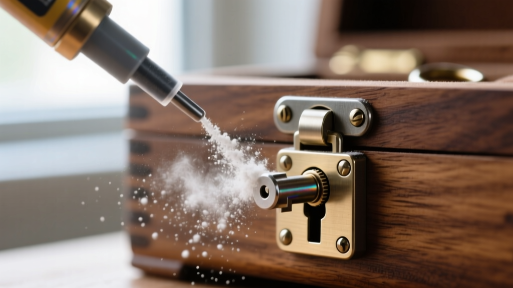Macro shot of a graphite lubricant nozzle spraying dry powder into the keyway of a small metal cam lock on a wooden jewelry chest