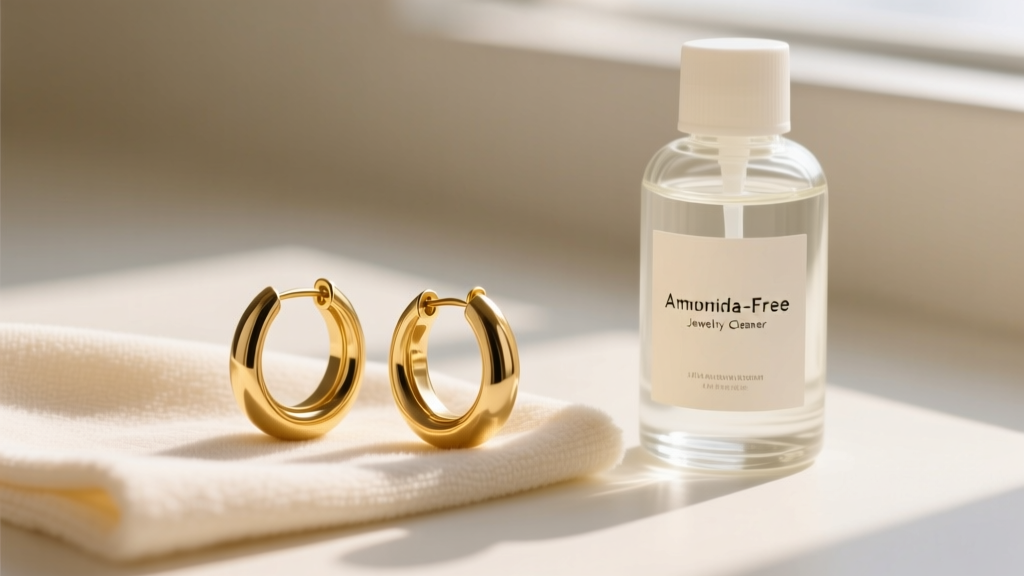 22k gold hoop earrings resting on a microfiber cloth next to a small bottle of professional ammonia-free jewelry cleaner.