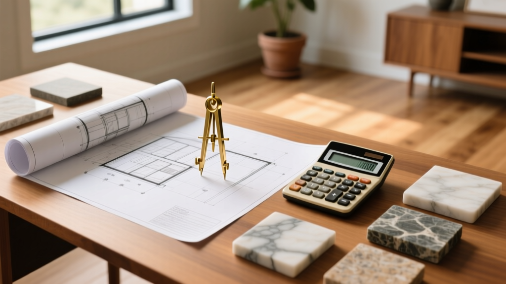 Architectural blueprints on a wooden desk beside a financial calculator, brass compass, and stone samples for a custom home build.
