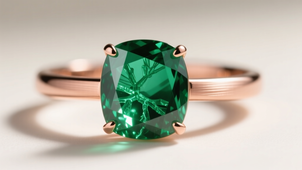 Macro shot of an ethical emerald set in recycled rose gold, showing vivid green inclusions under a bright jeweler's loupe light.