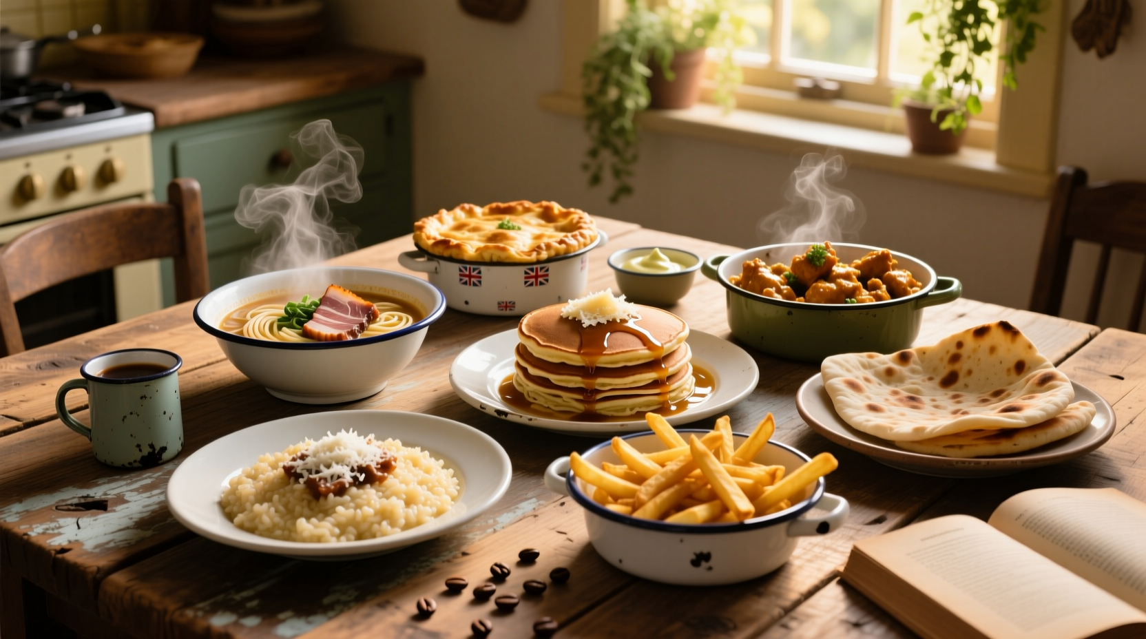 Variety of global comfort food dishes on wooden table