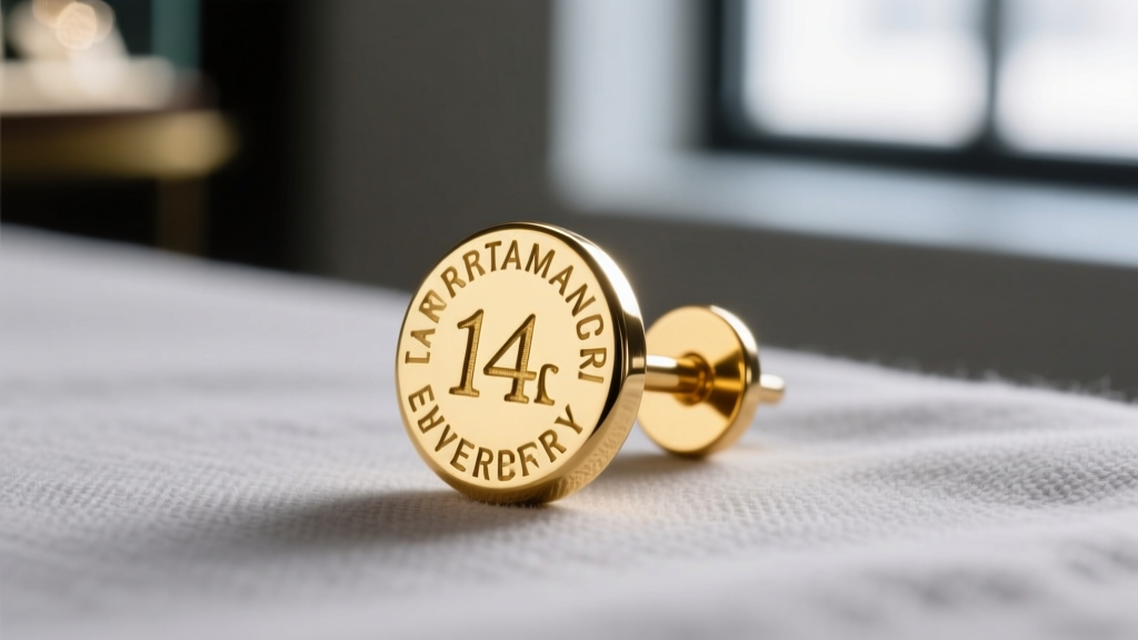 Macro shot of a 14k gold earring post showing a stamped hallmark, lit by a jeweler's loupe against a neutral grey background.