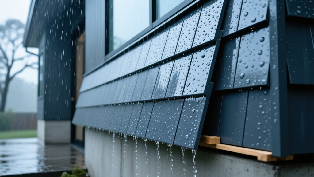 Close-up of thick insulated vinyl siding panels in slate gray being installed on a modern home exterior during a heavy rainstorm