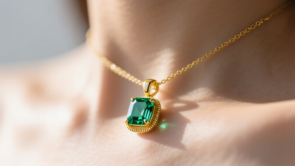 Close-up of a 14k yellow gold pendant with a brilliant-cut emerald birthstone resting on a collarbone in soft, natural sunlight.