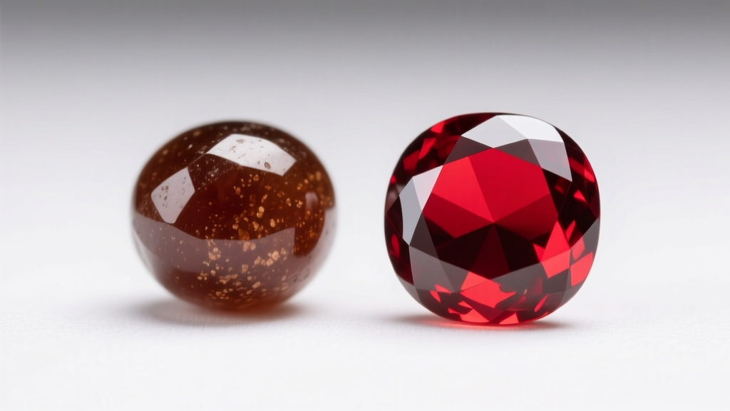 Macro comparison of a brownish-red Almandine garnet bead and a bright Pyrope garnet bead under daylight on a white surface.