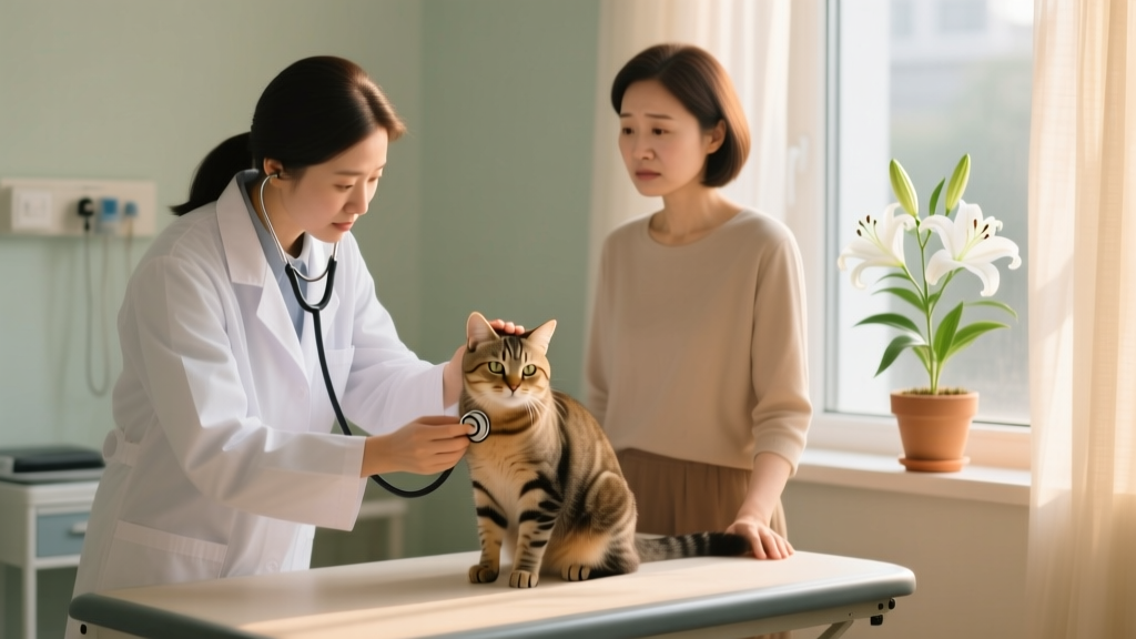 A veterinarian examining a cat while a concerned pet parent looks on, with a small potted lily visible in the background