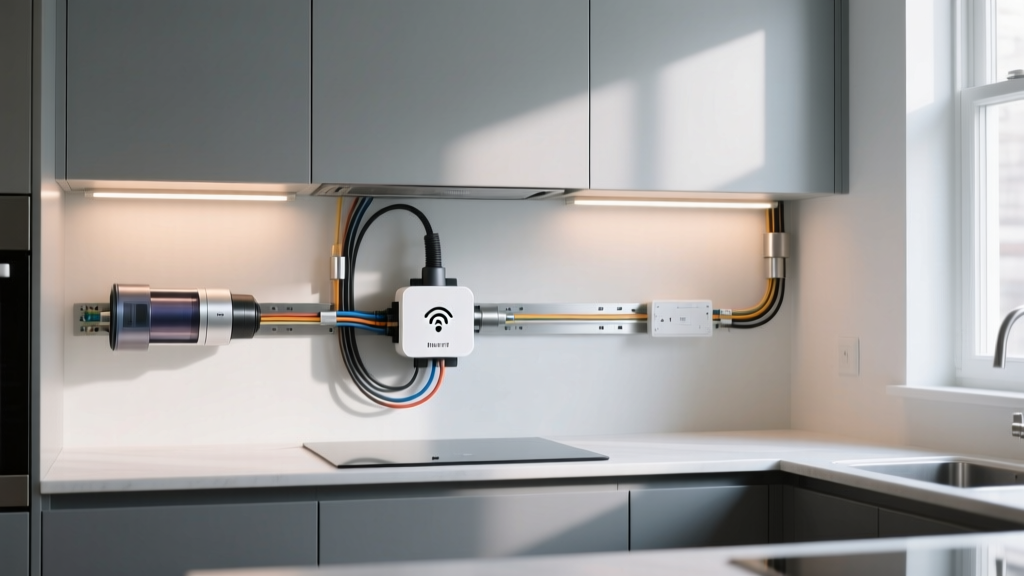 Smart dust extractor and LED strip lighting mounted under workbench cabinets with visible wiring and a central IoT hub