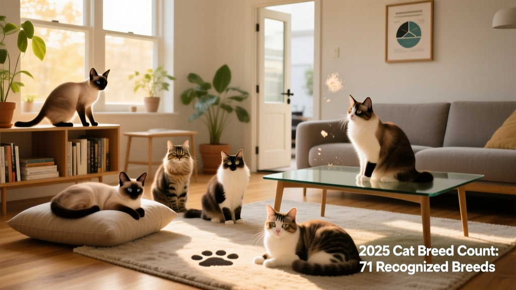 A diverse group of domestic cats of varying colors, coat lengths, and body types relaxing together in a sunlit living room