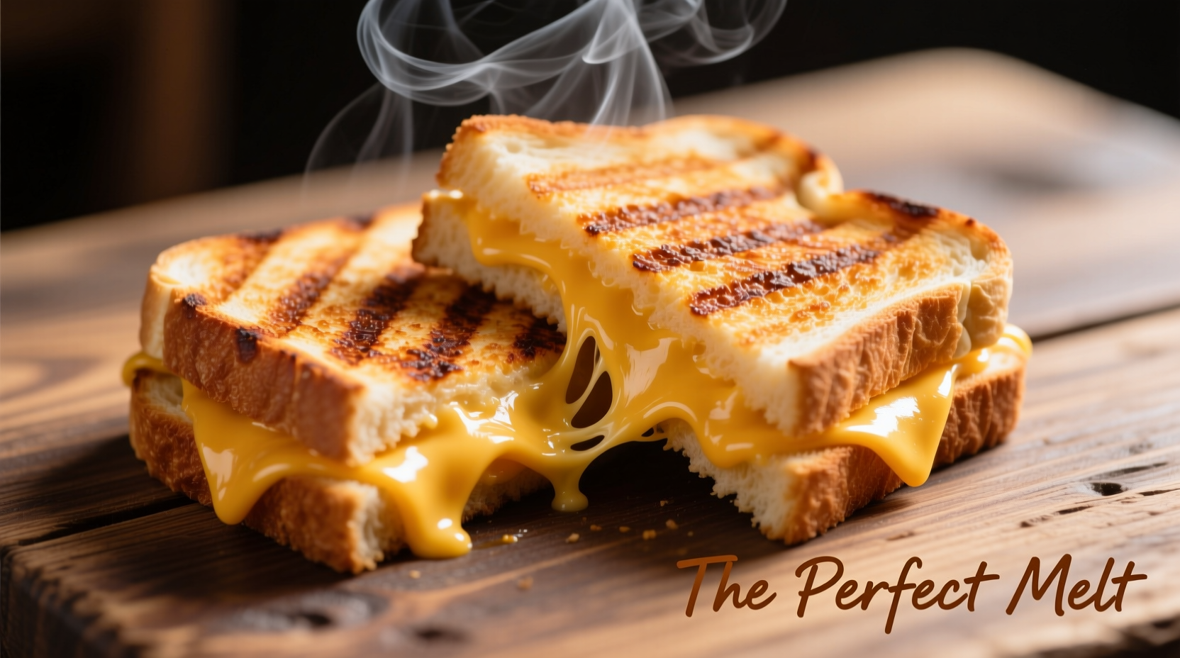 Golden grilled cheese sandwich with melted cheese oozing out
