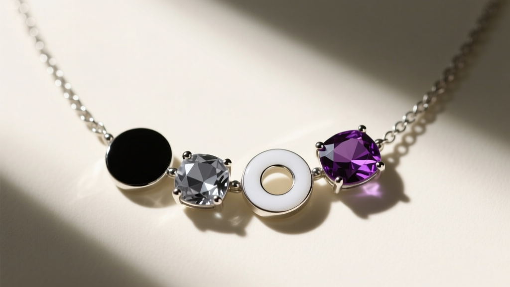 Close-up of an asexual pride necklace featuring black rhodium, gray spinel, white enamel, and purple amethyst on a silver chain.