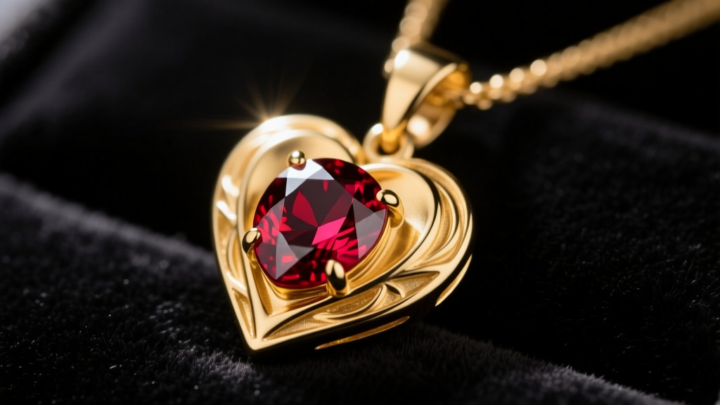 Close-up of a 14k yellow gold heart pendant with a deep red natural ruby, resting on dark velvet under soft studio lighting