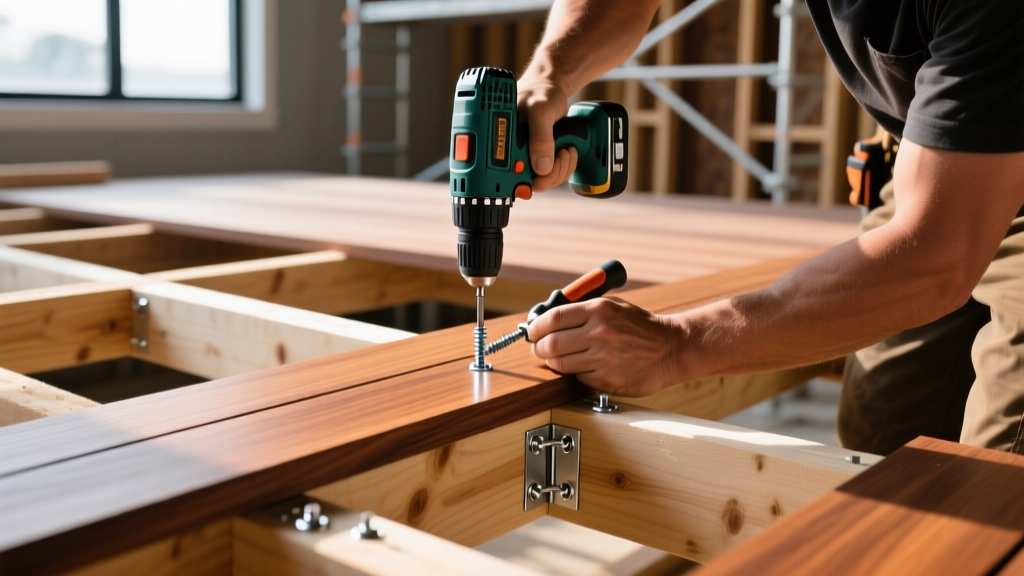 Contractor securing dense Ipe hardwood decking boards with stainless steel hidden fasteners onto a pressure-treated pine joist frame