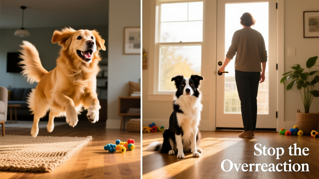 Side-by-side comparison: excited dog leaping up vs. calm dog sitting politely as owner enters