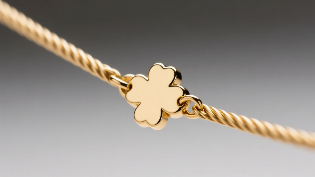 Close-up of a 1.2mm solid 14k gold cable chain connecting to a clover pendant bail, showing the spring ring clasp