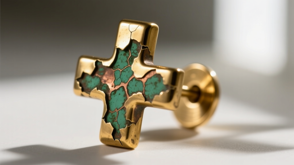 Macro photo of worn gold-tone plating on a brass earring post, revealing the underlying base metal and slight green oxidation marks