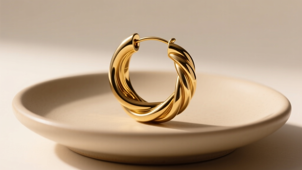 Gold-plated brass Lemaire twisted hoop earring resting on a matte beige ceramic dish under soft, warm directional studio lighting