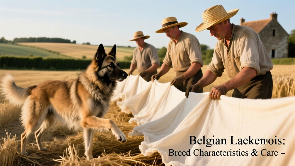 Historical illustration or vintage photo showing a Belgian Laekenois working alongside farm workers near drying linen in a rural field