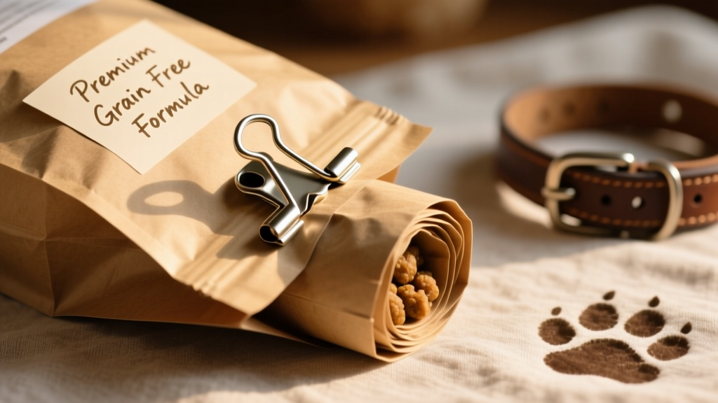 Close-up of a rolled-down dog food bag secured with a metal clip