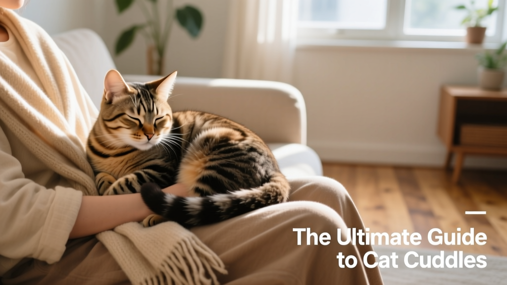 A relaxed tabby cat curled up on a person's lap, eyes half-closed, tail gently wrapped around their leg