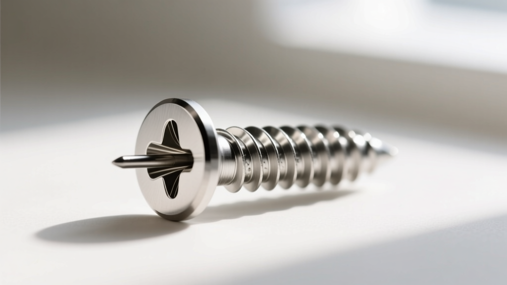 Macro shot of an internally threaded 16g surgical steel 316l cartilage stud, showing precise screw mechanism and a mirror polish.