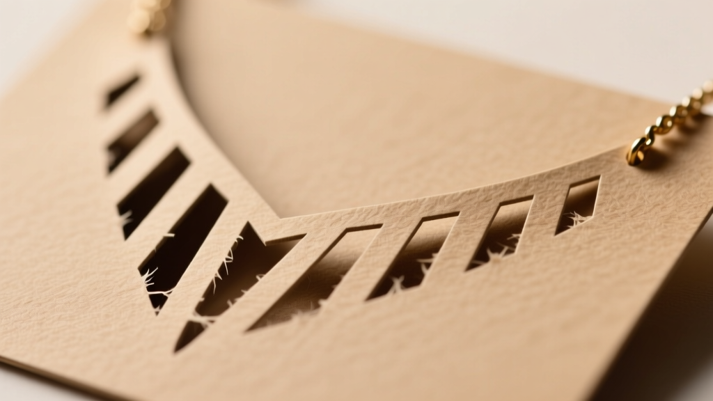 Close-up macro shot of laser-cut slits on a 300gsm acid-free kraft necklace card, showing clean edges without tearing or fraying.