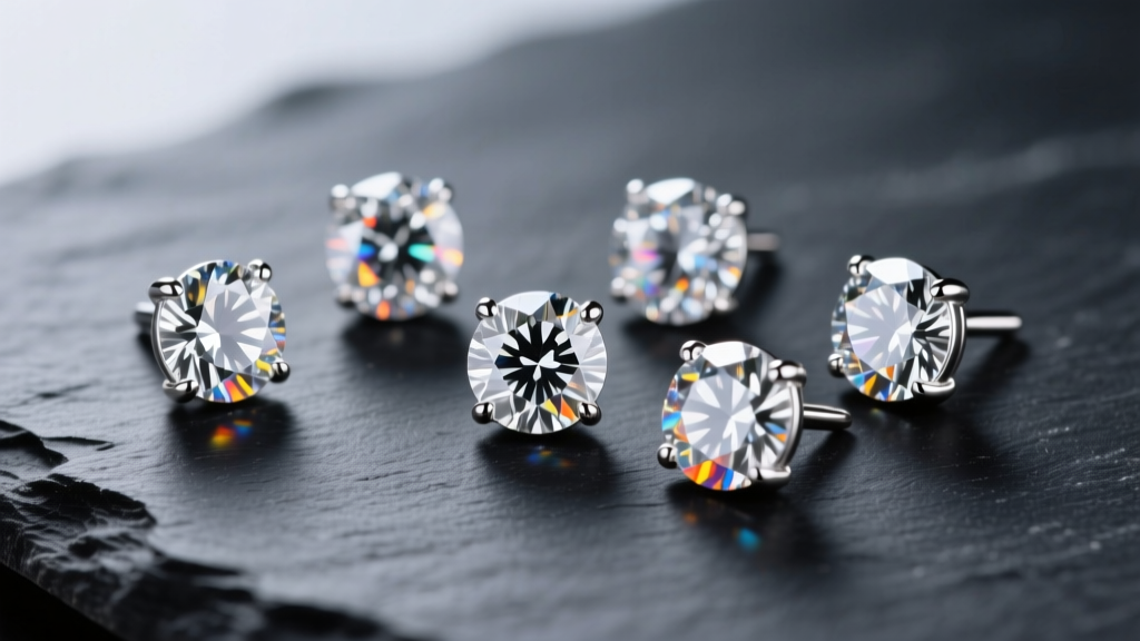 Macro shot of 5A grade round brilliant cubic zirconia studs in rhodium-plated sterling silver on dark slate.