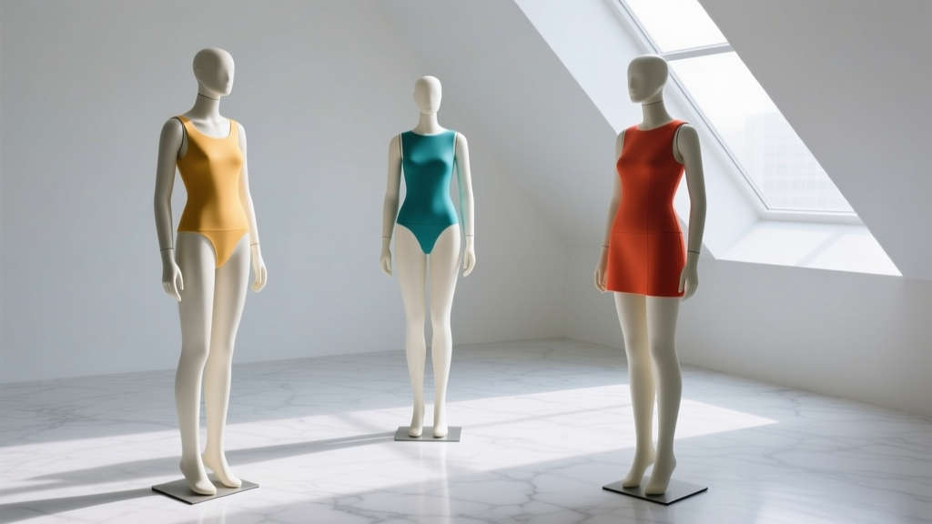 Three polyurethane necklace mannequins with varying shoulder slopes on white marble, highlighting structural angle differences.