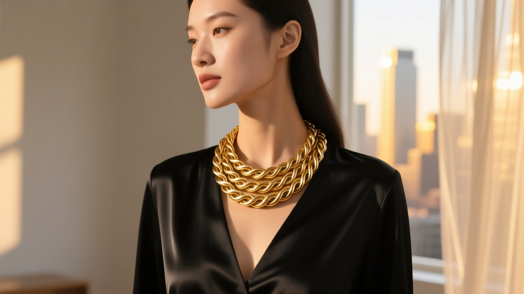 Woman wearing a multi-strand gold woven coil necklace over a black silk V-neck blouse, captured in warm, natural window lighting.