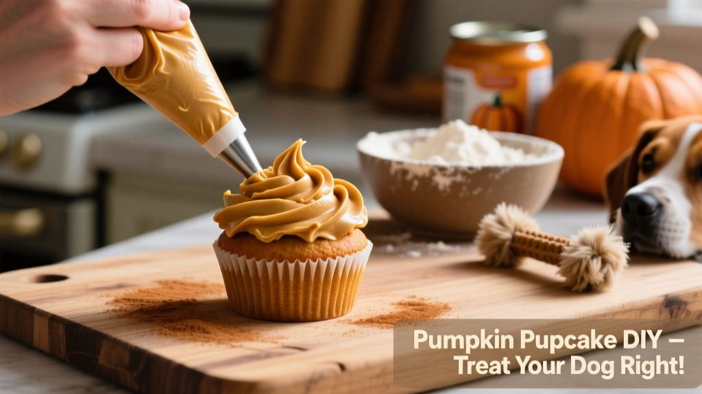 Close-up of a hand piping peanut butter frosting onto a pumpkin pupcake