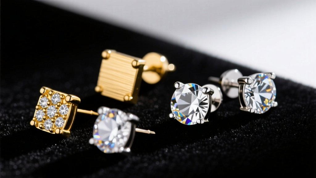 Macro shot of mixed metal stud earrings on dark velvet, highlighting gold plating, sterling silver, and cubic zirconia gemstones.
