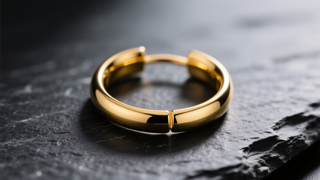 Macro photography of a seamless 14k yellow gold circle earring resting on dark slate, highlighting the tiny tension gap.