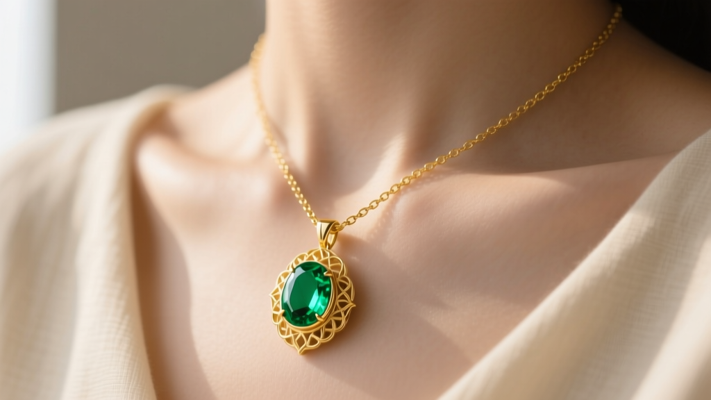 An 18k yellow gold necklace with a vibrant oval emerald pendant resting on a collarbone, illuminated by soft natural window light