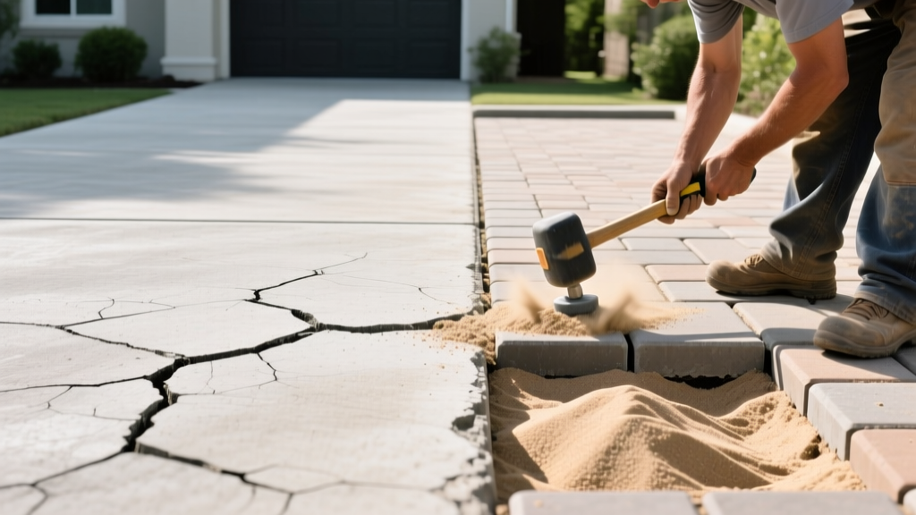 Split view of a cracked poured concrete driveway next to a sunken paver stone patio being repaired with polymeric sand and a rubber mallet