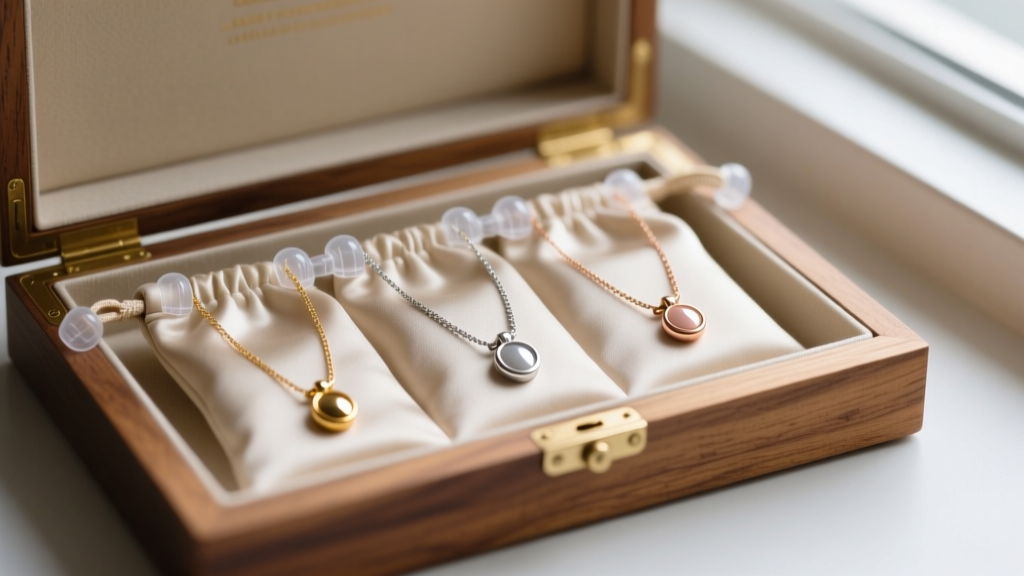 Anti-tarnish bag containing a trio necklace separated by small silicone jewelry spacers, placed inside a lined wooden jewelry box.
