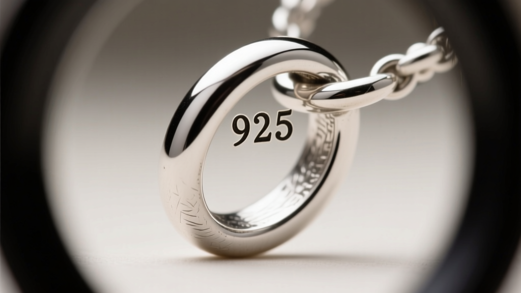 Macro view through a 10x loupe inspecting a silver pendant bail, focusing on a deeply engraved 925 stamp on the inner metal curve