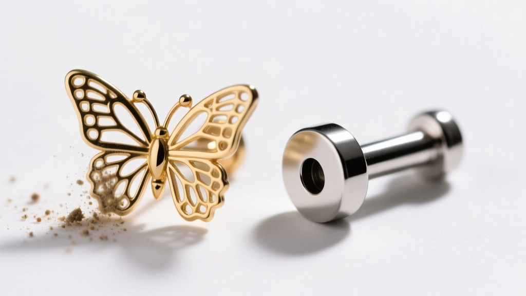 Macro photography comparing a traditional butterfly earring back trapping debris next to a clean titanium flat-back labret post