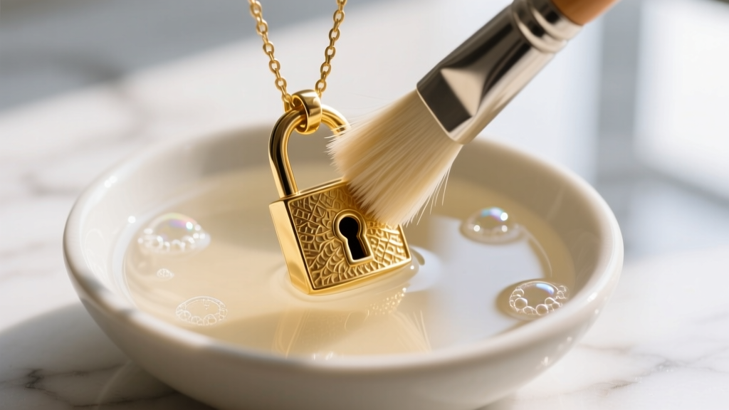 Soft bristle brush cleaning the intricate keyhole of a 14k gold lock pendant submerged in a small bowl of warm soapy water
