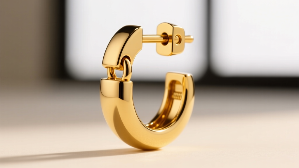 Close-up of a 14-gauge solid yellow gold locking-latch dangle earring mechanism, highlighting the secure hinge and clasp details.