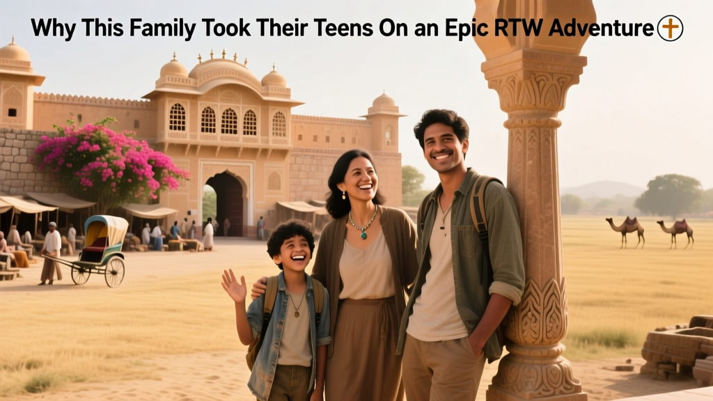 The Schwarz family posing for a photo in front of the Amber Palace in Jaipur, India