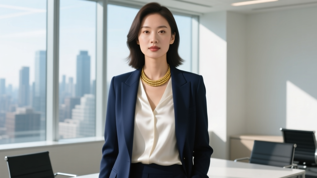 Woman in navy blazer wearing a 22-inch matte gold matinee necklace resting over a silk blouse in a bright modern office space.