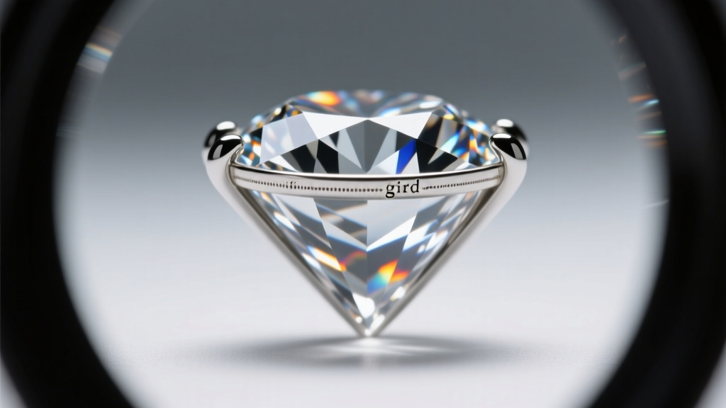 Macro loupe view of a four-prong martini diamond setting, showing precise pavilion depth and a laser inscription on the gem girdle.