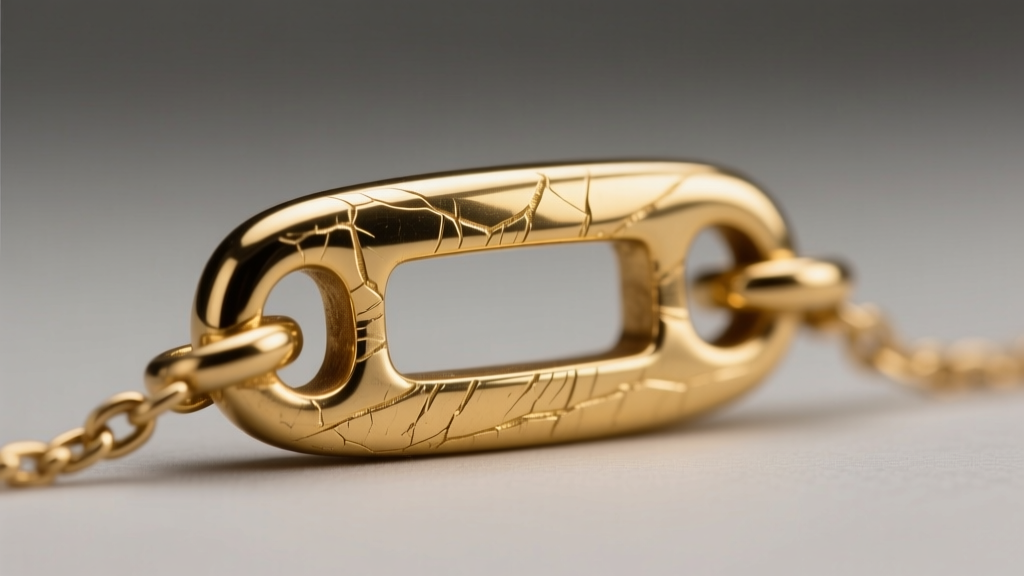 Close-up of a worn gold pendant bail showing friction grooves from rubbing on a 1.2mm box chain under bright studio lighting.