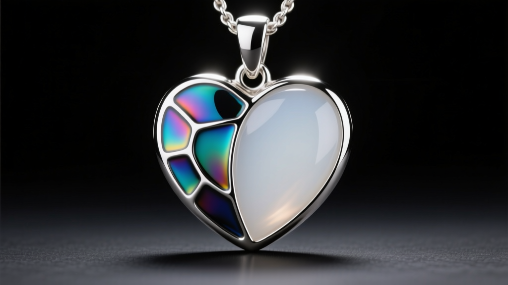 Macro shot comparing vitreous enamel and epoxy resin on a silver heart-shaped gaming pendant under bright studio lighting conditions