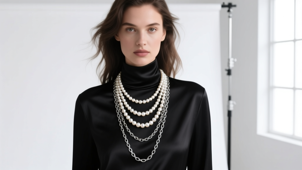 Fashion model wearing a layered channel pearl necklace over a black silk turtleneck, highlighting the contrast of metal and pearl