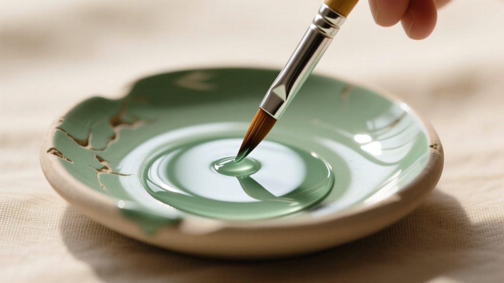 A fine-tipped brush applying a glossy layer of water-based polyurethane sealant over a cured sage green clay jewelry tray