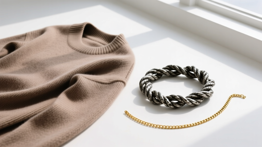 Flat lay of wool boat-neck sweater next to a chunky 22-inch oxidized silver rope chain and a polished 1.5mm gold box chain.