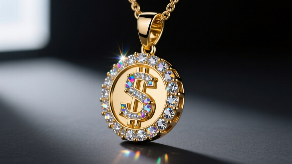 Side profile of an iced-out dollar pendant showing prong-set moissanite stones catching light against a dark matte background.