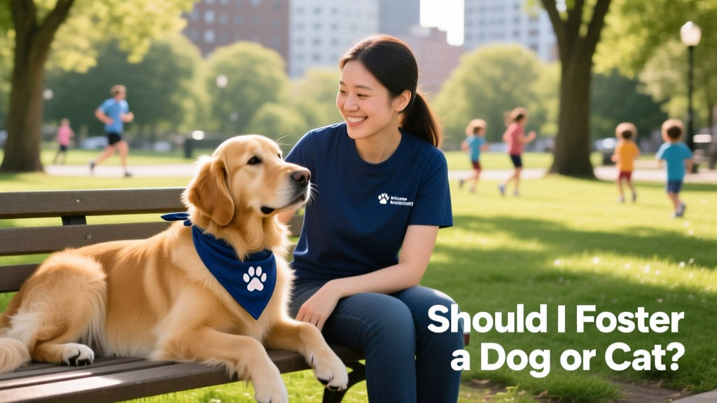 A relaxed golden retriever sitting beside a volunteer on a grassy park bench, both wearing matching blue bandanas