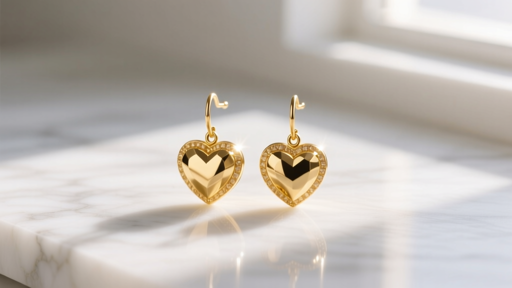 14k solid gold heart drop earrings resting on white marble, illuminated by soft, warm natural morning light from a nearby window.
